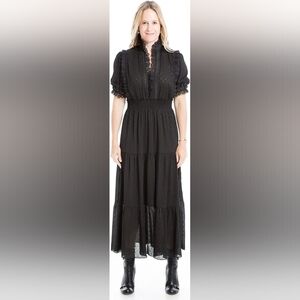 Max Studio - Collared V-Neck Jacquard Shine Dot Tiered Maxi Dress - Black - XL